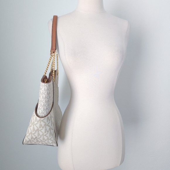 Michael Kors Cream White Brown Saffiano Leather Jet Set Chain Tote Handbag w COA - Picture 5 of 11